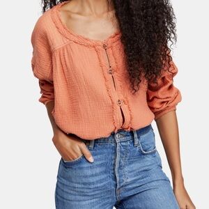 FREE PEOPLE ‘We The Free’ Womens Orange Long Sleeve Scoop Neck Top Sz Med